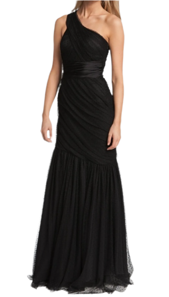 10 - ml by monique lhuillier black one shoulder dotted tulle gown