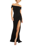 S - emerald sundae black off the shoulder ruched gown