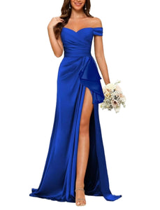 4 - ssb royal blue off the shoulder satin drape gown