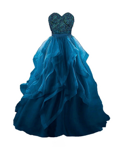 ssb teal strapless beaded bodice layered organza gown