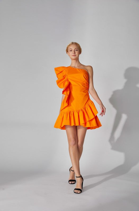 M - lena orange one shoulder ruffle mini dress
