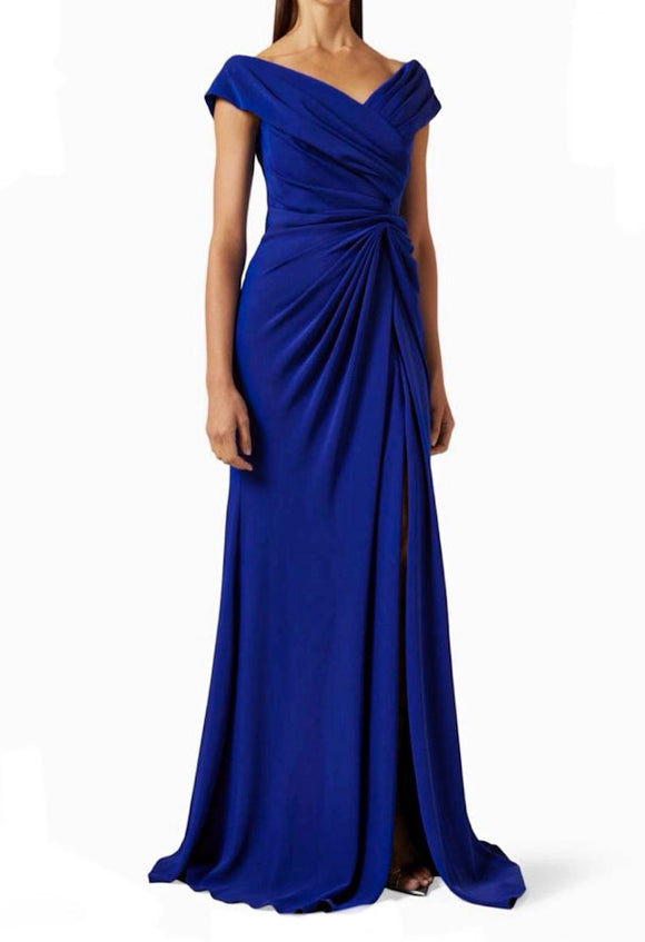 16 - ssb royal blue off the shoulder gathered formal gown with adjustable corset back