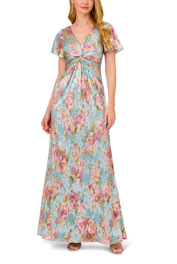 10 - adrianna papell blue metallic floral flutter sleeve gown