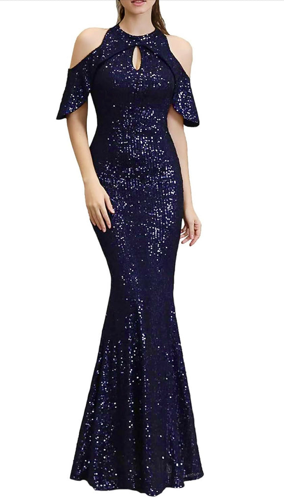L - ssb navy sequin cold shoulder fitted gown