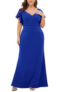 3XL - ssb royal blue flutter sleeve formal jersey gown