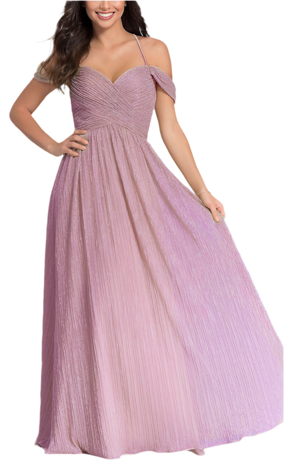 10 - kleinfeld pink & gold metallic stripe cold shoulder maxi dress