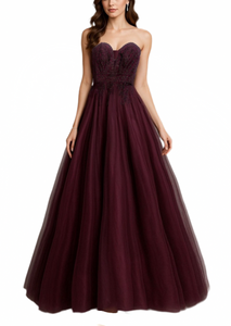5 - blondie nites burgundy embroidered strapless tulle ball gown