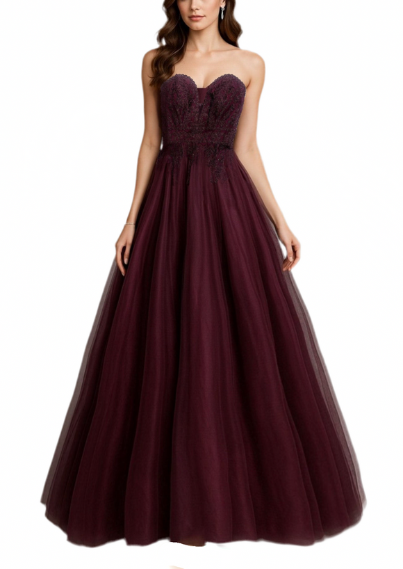 5 - blondie nites burgundy embroidered strapless tulle ball gown
