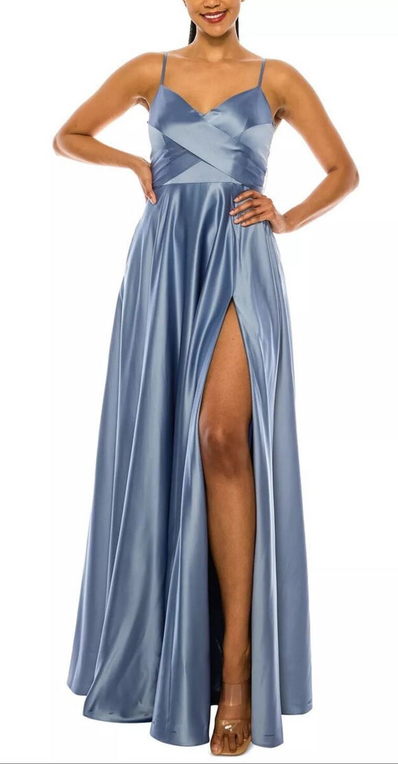17 - b darlin blue wrapped bodice satin gown