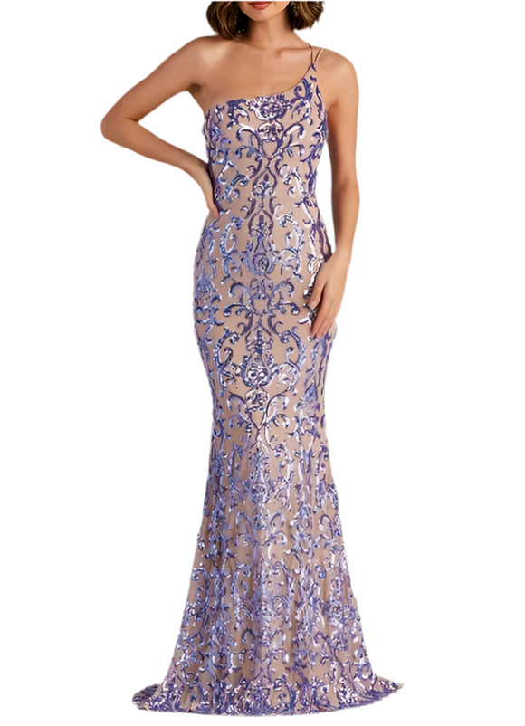L - ssb purple one shoulder patterned sequin gown