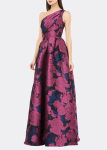 10 - carmen marc valvo pink one shoulder floral brocade gown