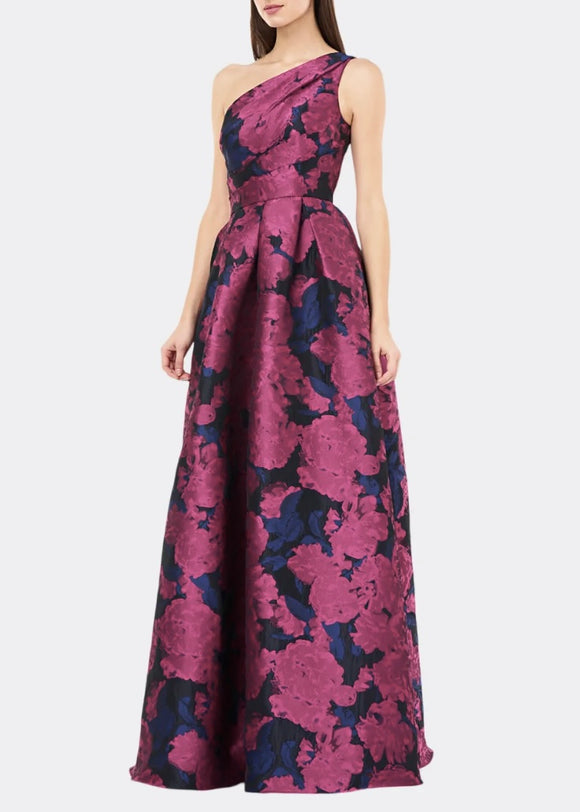 10 - carmen marc valvo pink one shoulder floral brocade gown