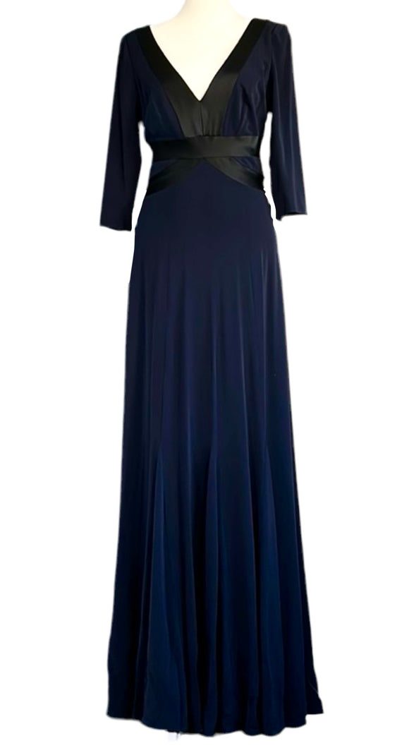 kay unger navy jersey gown with black satin trim