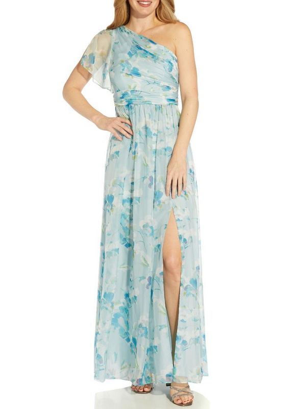 adrianna papell blue floral one shoulder chiffon gown