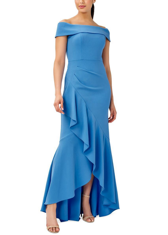 10 - adrianna papell blue off the shoulder ruffled gown