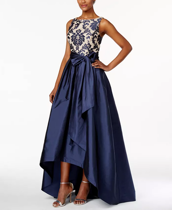 8 - adrianna papell navy embroidered high low ball gown