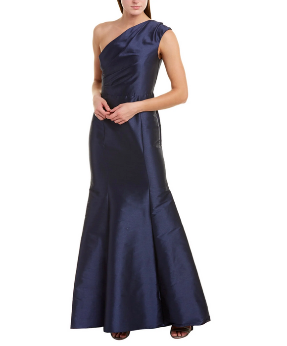 6- adrianna papell navy one shoulder trumpet gown