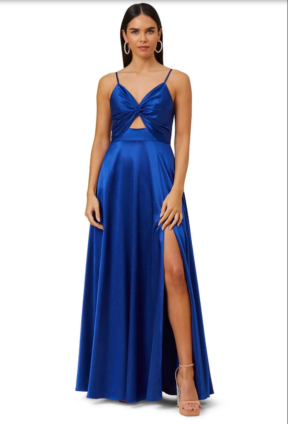 aidan mattox blue twist cutout gown