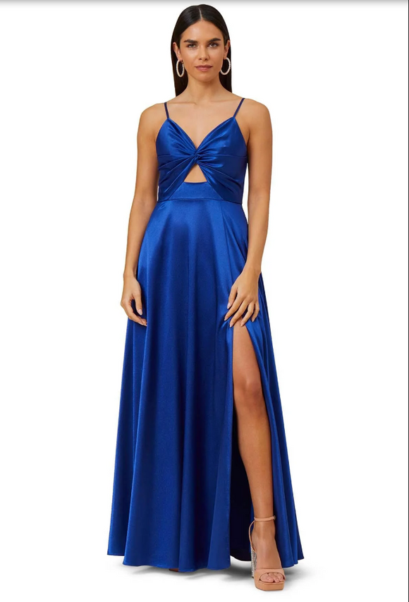 aidan mattox blue dress Aidan Mattox Crepe Back Satin V-Neckline Long Sleeve Front Knot Front Slit Long Dress