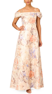 2 - aidan mattox champagne off the shoulder metallic floral gown