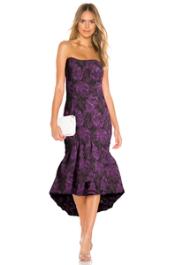 aidan mattox purple strapless jacquard midi dress