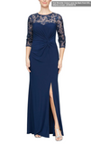 14 - alex evenings navy embellished 3/4 sleeve ruched gown