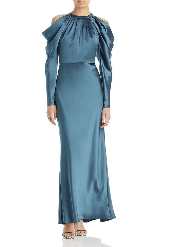 2 - amsale blue satin cold shoulder gown