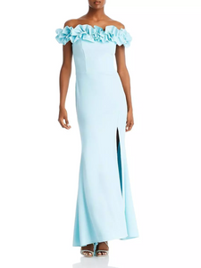 4 - aqua blue off the shoulder ruffle gown