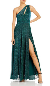 8 - aqua teal one shoulder metallic crinkle gown