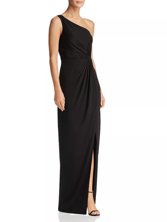 S - bariano black one shoulder ruched gown