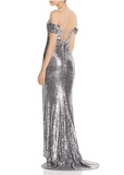 XS - bariano silver sequin lace up gown