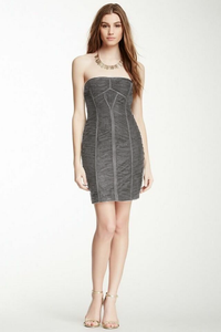 0 - bcbgmaxazria grey ruched tulle strapless mini dress