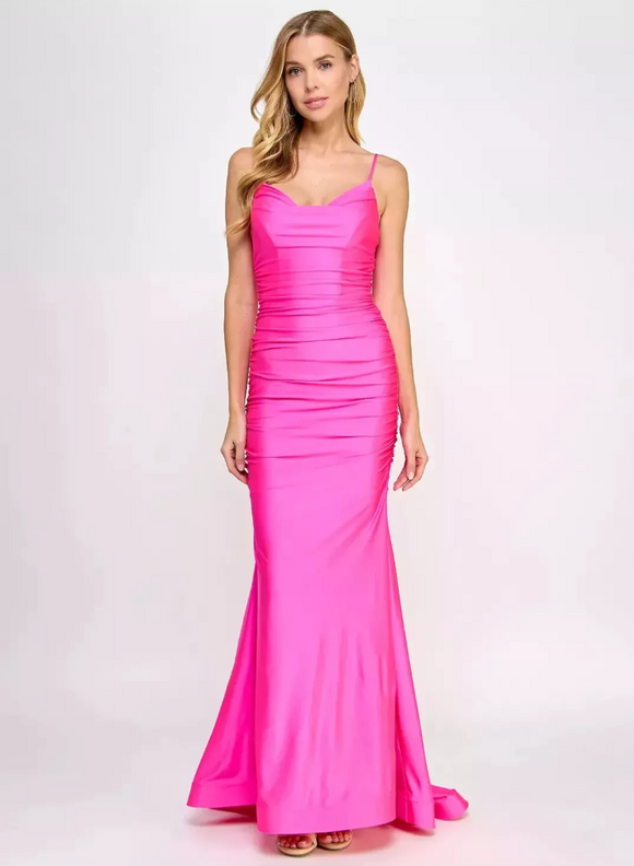 b darlin hot pink ruched satin gown