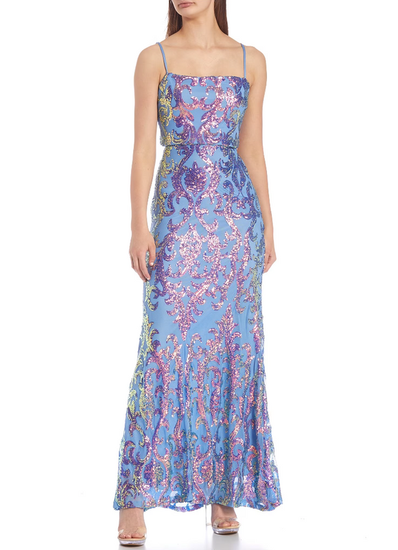 b darlin pink & purple patterned sequin gown