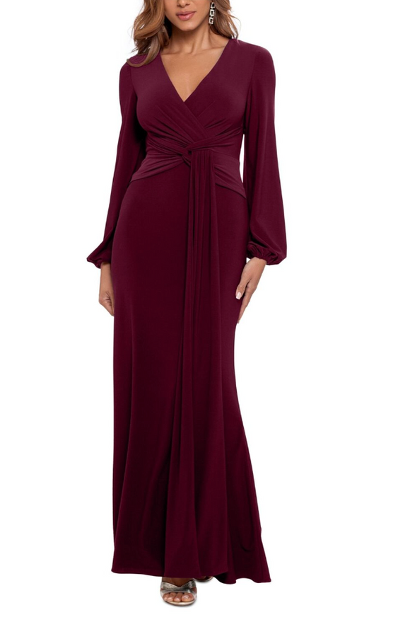 8 - betsy & adam long sleeve red draped gown