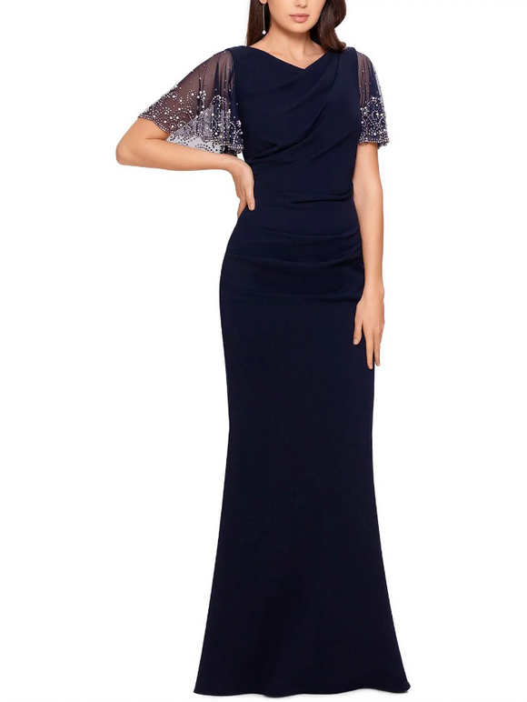 4 - betsy & adam navy beaded flutter sleeve gown