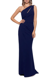 10 - betsy & adam navy one shoulder cutout gown