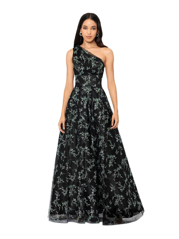 9 - blondie nites black one shoulder glitter mesh gown