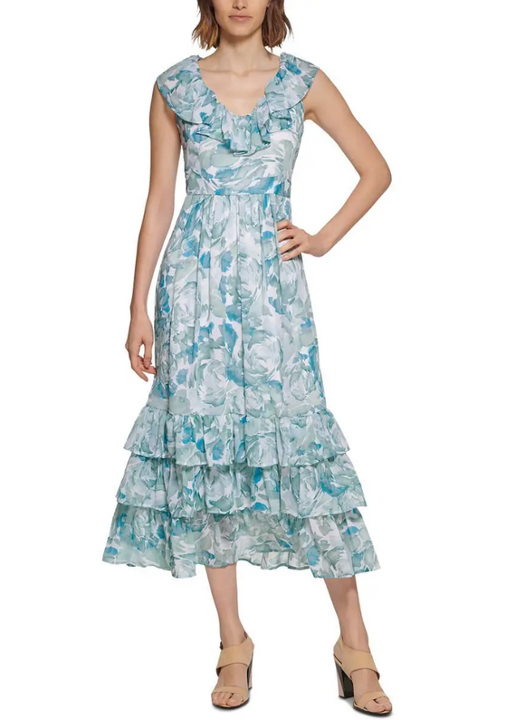 blue floral calvin klein dress Calvin Klein Floral Bell Sleeve Sheath Dress Sz 6 Blue Knee Length Guest Career