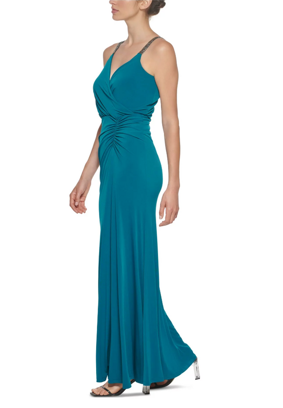 8 - calvin klein teal ruched embellished strap maxi dress