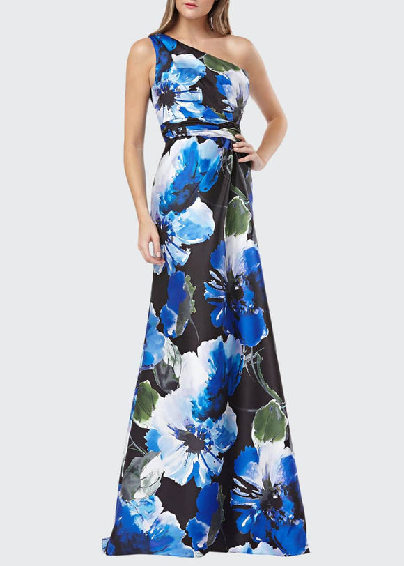 4 - carmen marc valvo blue floral one shoulder ball gown