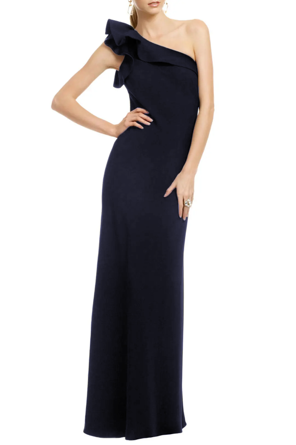 10 - carmen marc valvo navy one shoulder ruffle gown