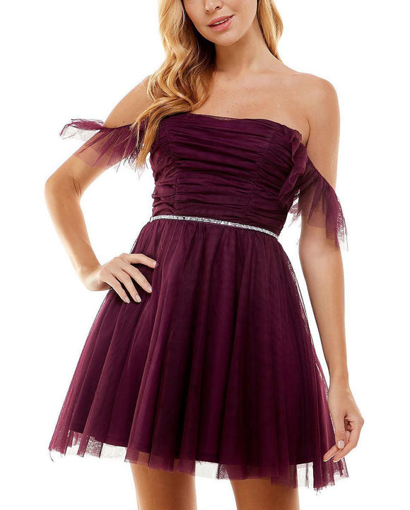 3 - city studio burgundy flutter sleeve tulle dress