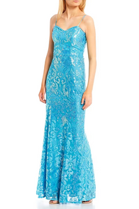 city vibe turquoise patterned sequin gown