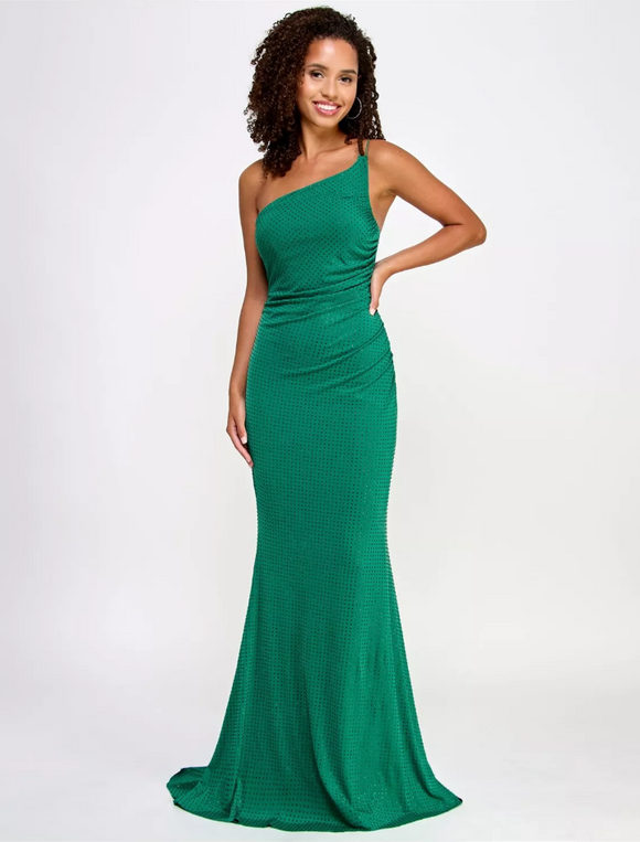 1 - crystal doll green one shoulder studded gown