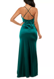 7 - crystal doll green ruched slit satin gown