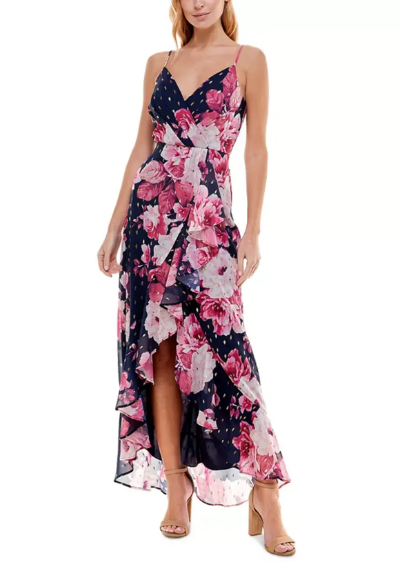 7 - crystal doll navy & pink floral ruffle dress