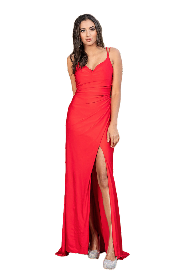 S - dancing queen red ruched v-neck cowl gown