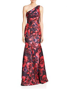 david meister red one shoulder floral jacquard ball gown