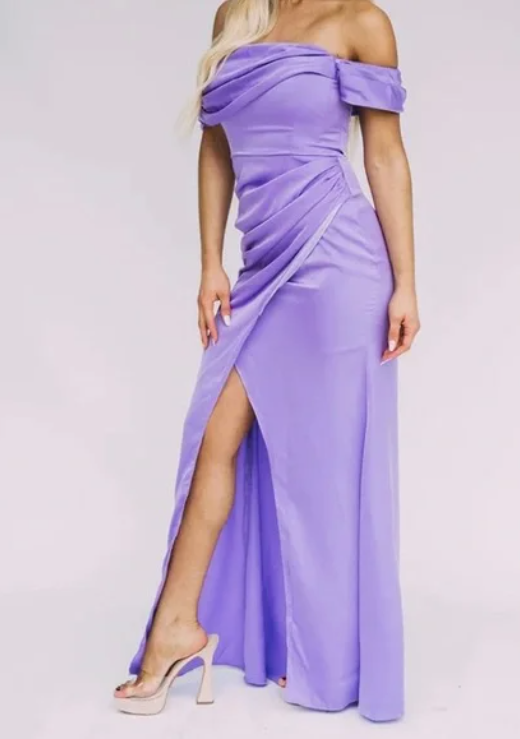 M - do+be purple off the shoulder ruched gown